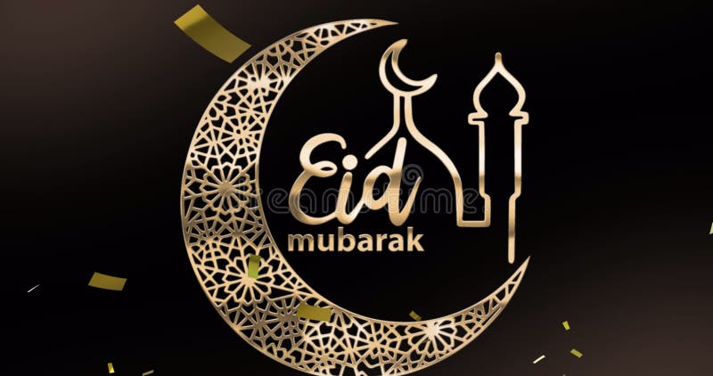 Image of Text Eid Mubarak with Mosque, Crescent Moon Symbol and Confetti in  Gold on Black Stock Illustration - Illustration of black, generated:  228721011