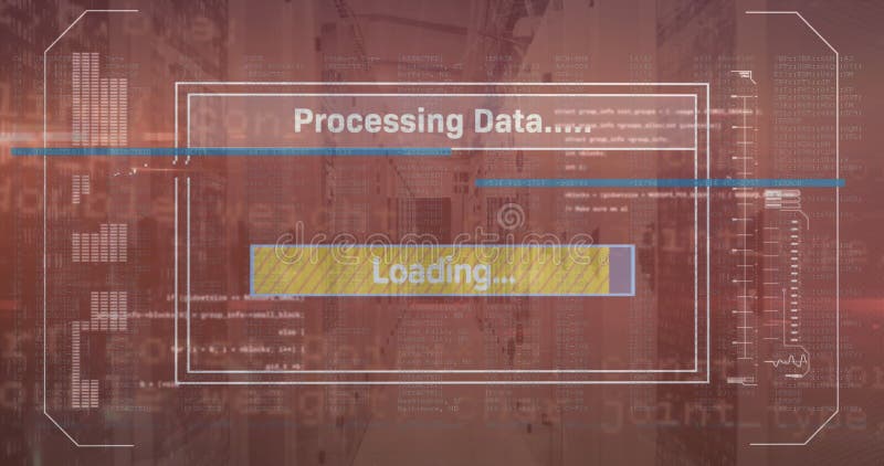 Image of text, loading bars and computer language over data server room vector illustration