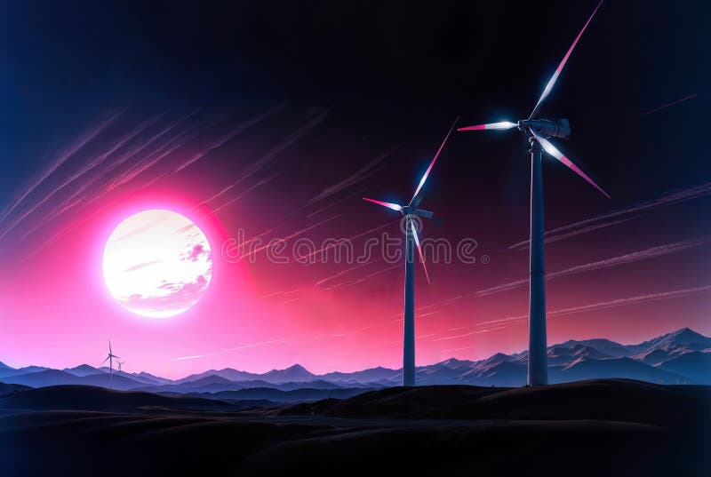 Desert Windmills & Planets: Sunset with Pink & Purple Sky, generative ai stock illustration