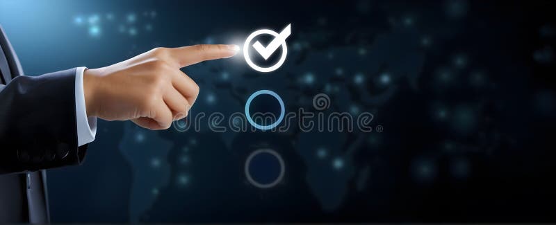 Hand pushing the selecting verifying button on a touch screen interface vector illustration