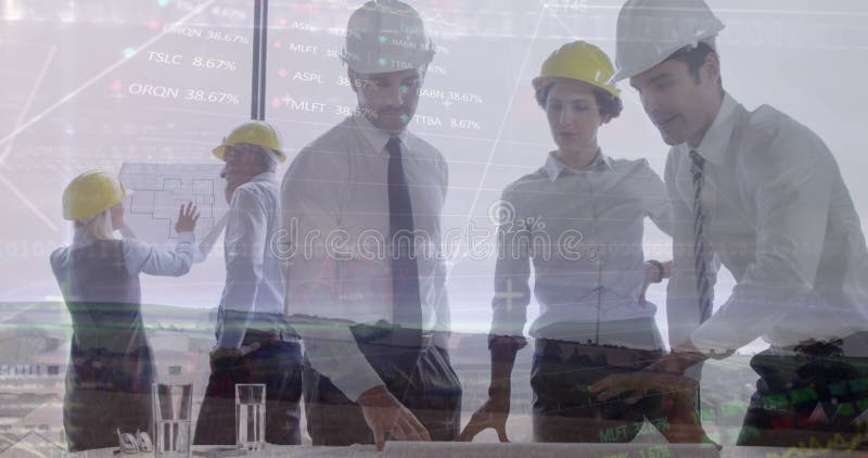 Image of trading boards, graphs, computer knowledge over diverse engineers against windmills royalty free stock photography