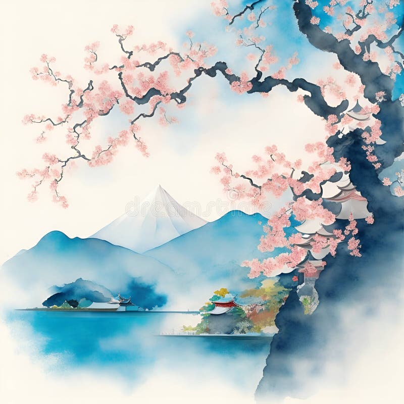 Image of the Traditional Japanese Watercolor Painting Art Featuring Cherry  Blossoms,pagoda,bridge,bamboo and Serene Landscape. Stock Illustration -  Illustration of abstract, oriental: 279178351