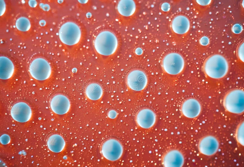 Translucent jelly blobs scattered on reddish surface. AI Generated. Image of translucent jelly blobs scattered across a reddish surface, creating a vibrant, textured effect.