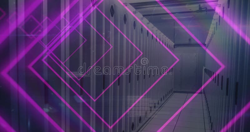 Image of tunnel with neon shapes over data processing and server room. global technology, social media and digital interface concept digitally generated image. Advanced artificial intelligence administration stock images, royalty-free photos and pictures