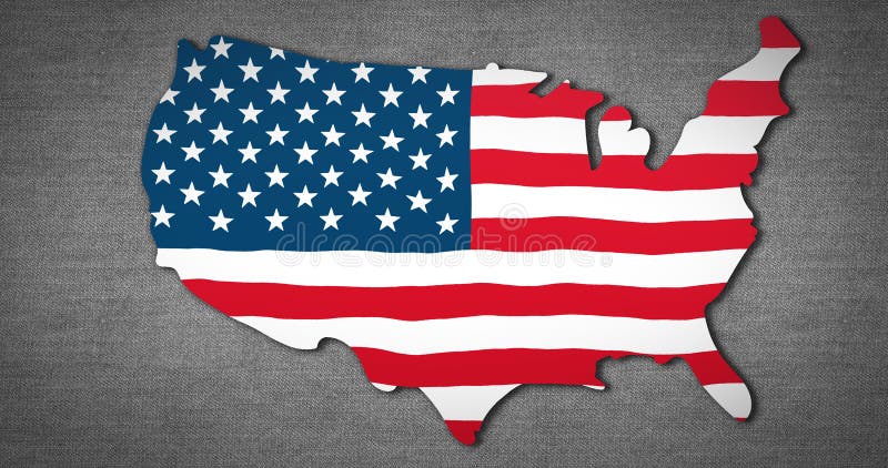Image of an U.S. map with an U.S. flag waving on grey background
