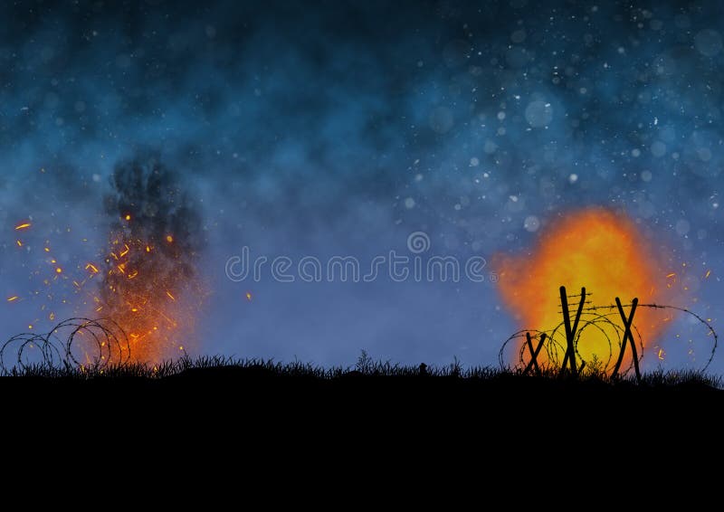 Battlefield war landscape. Nigh time with barbed wire and explosions. Original illustration. Battlefield war landscape. Nigh time with barbed wire and explosions. Original illustration