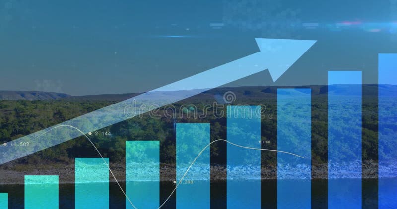 Image of upward arrow and graphs processing data over sky and landscape stock photography