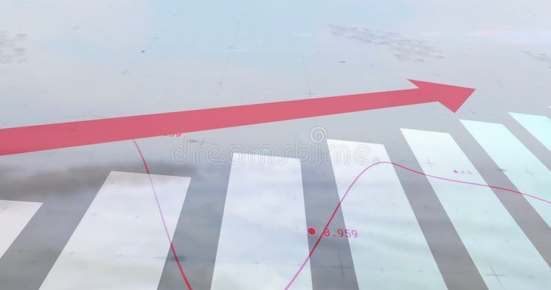Image of upward red arrow and graphs processing data over sky and landscape stock image