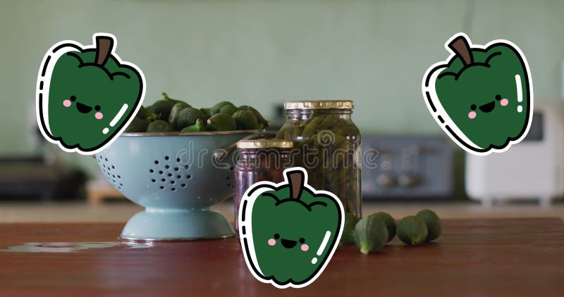 Image of vegetables icons over vegetables in jars. Family, food and digital interface concept digitally generated image.