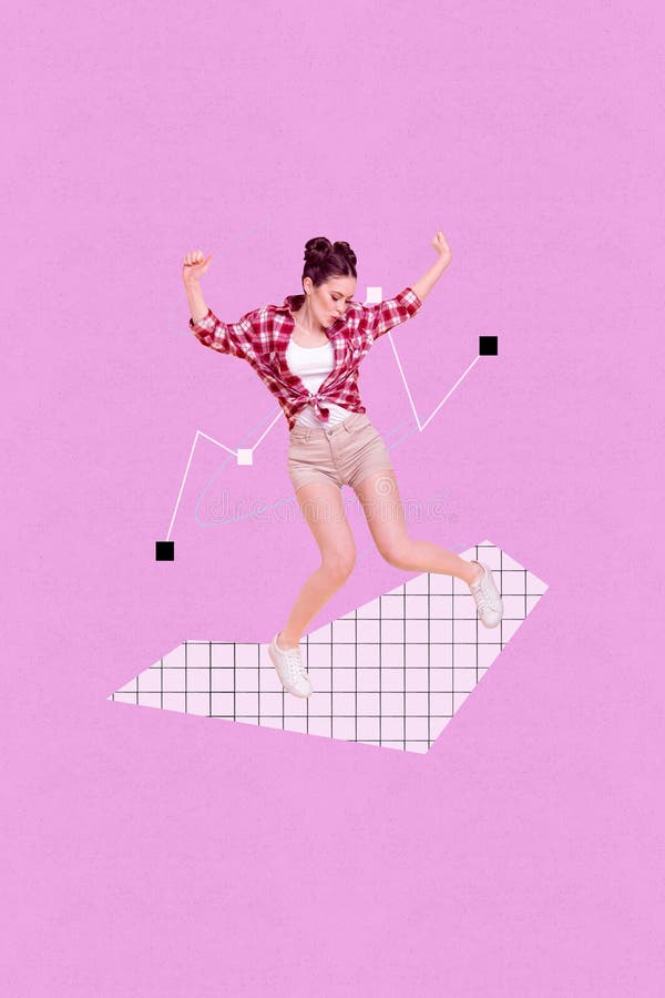 Image vertical artwork collage of happy businesswoman stand graph development success statistics aim achievement stock photo