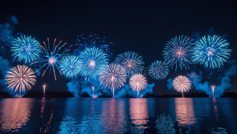 Image is a vibrant digital photograph capturing a nighttime fireworks display over a body of water the layout is horizontal royalty-vrije illustratie