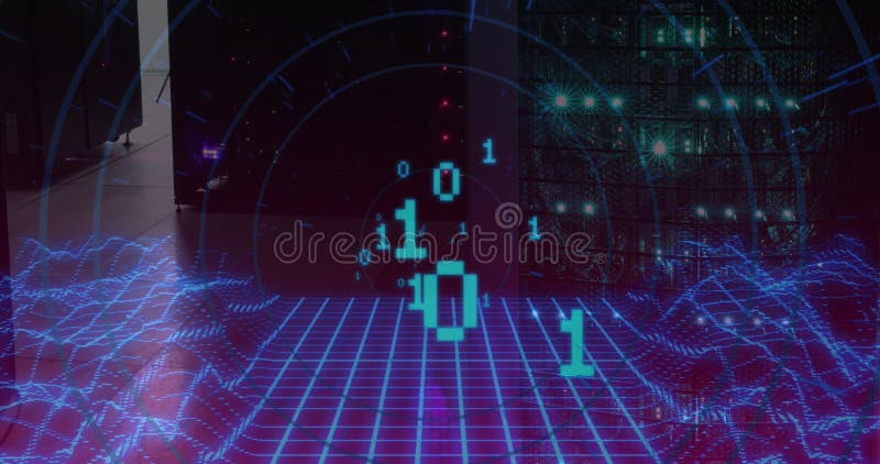 Image von binärem Code über digitalen Raum und Server stock abbildung