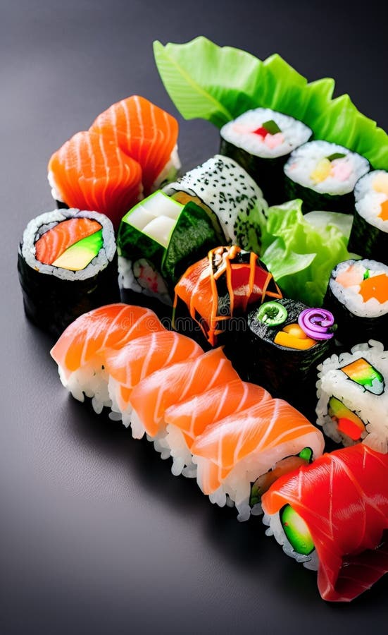 Isolated Assorted Sushi on a Black Dish in a Dark Room Stock