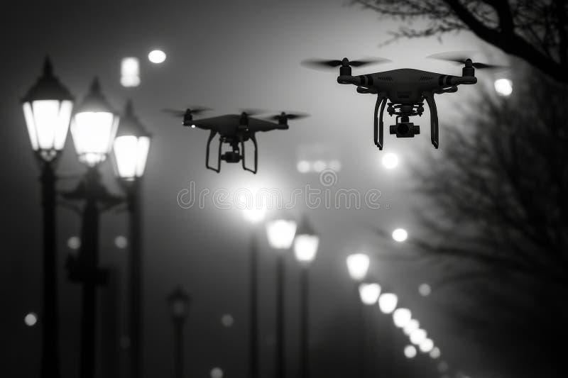 The image, which is in black and white, features a street light alongside a drone royalty free stock images
