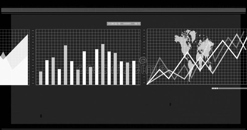 Image of white graphs and charts processing data on black background stock photo