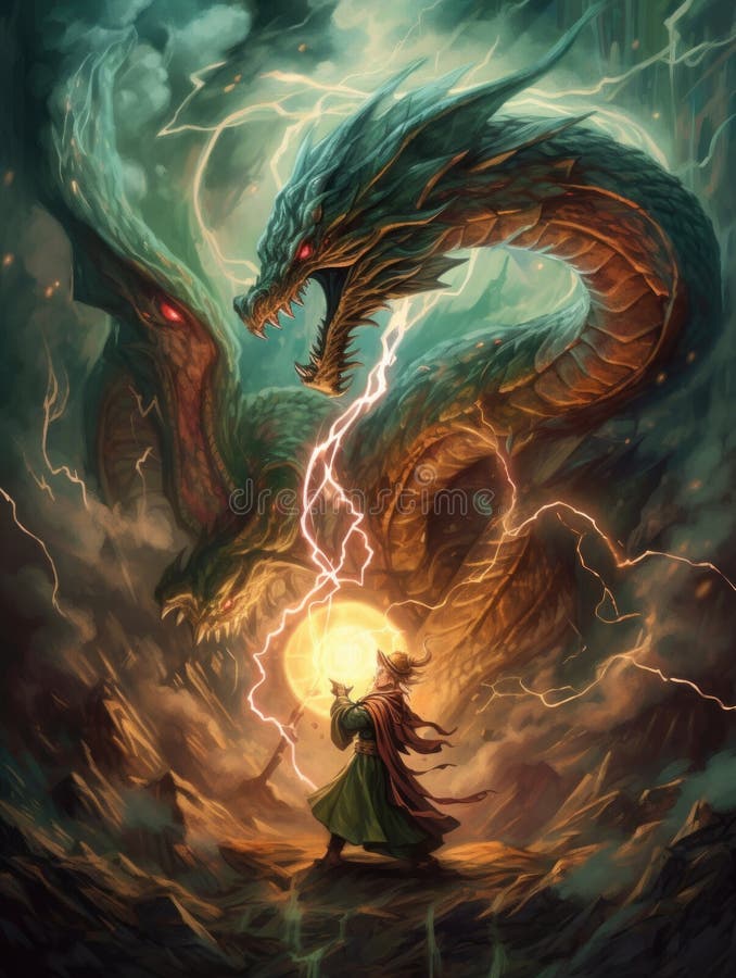 Image of a Wizard Battling a Fierce Dragon Generative AI Stock ...