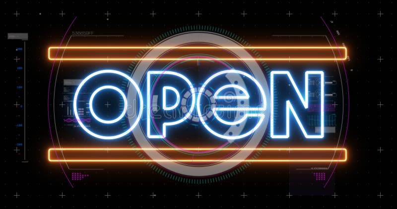 Image of the word open in white neon with circular scope digital interface on black background royalty free illustration