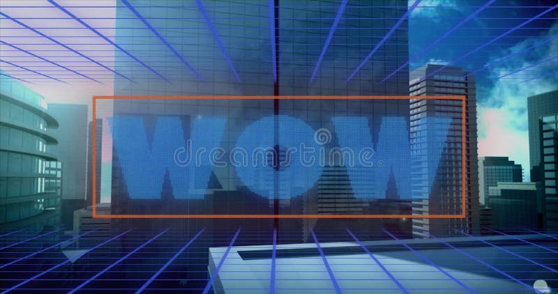 Image of wow text over digital cityscape. image game, digital interface, communication and entertainment concept digitally generated image.