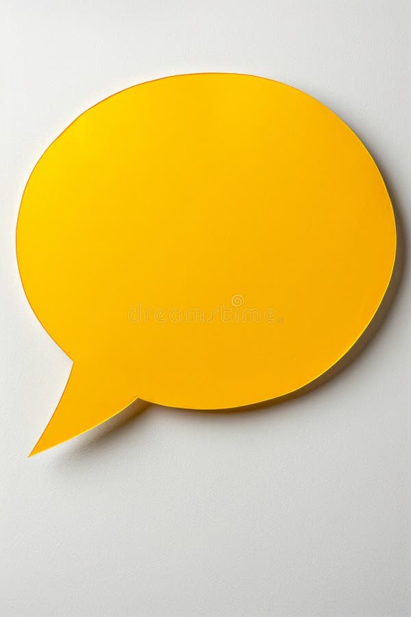 Image of a yellow paper speech bubble centered on a plain white background. stock images