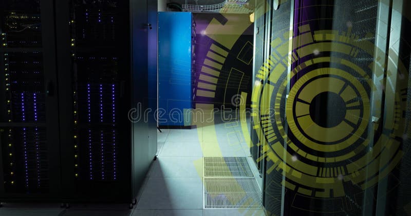 Image of yellow round scanner spinning against computer server room stock photos