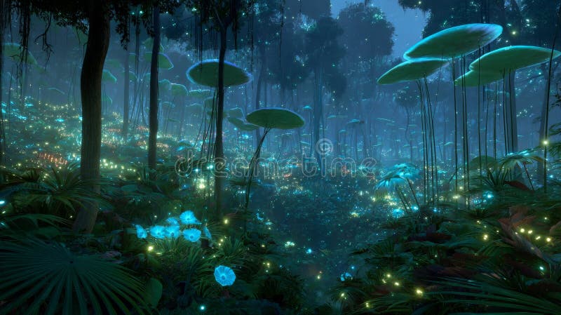 Flora luminosa na selva noturna mística. Imagem IA imagens de stock