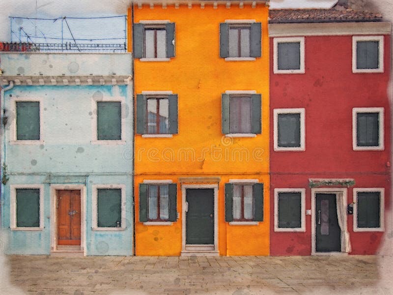 Imagem aquosa de fileira de casas coloridas pintadas em Burano Veneza fotografia de stock Imagem aquosa de fileira de casas coloridas pintadas em Burano Veneza fotografia de stock