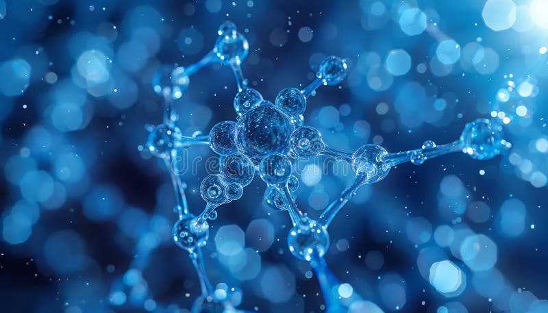 A blue image of a molecule with a lot of small bubbles surrounding it by AI generated image. A blue image of a molecule with a lot of small bubbles surrounding it by AI generated image.