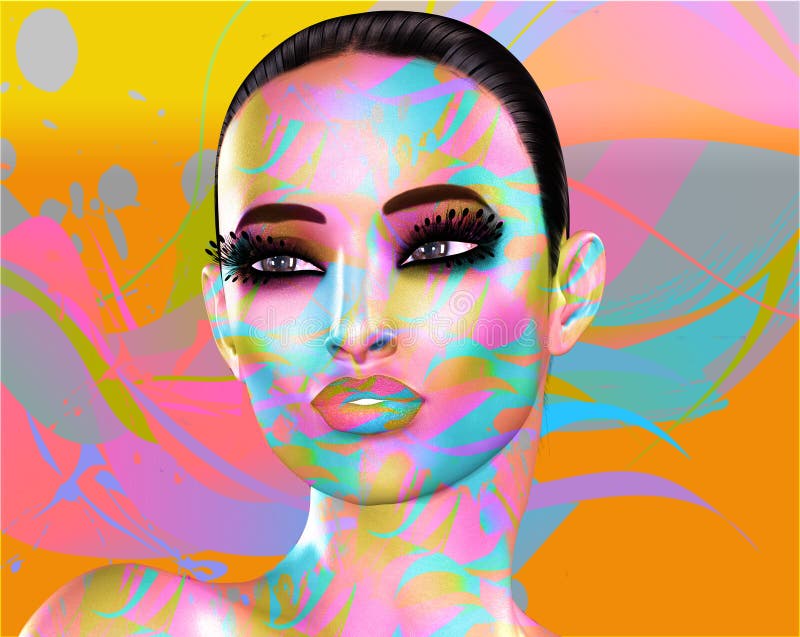 Imagem colorida do pop art de uma cara do ` s da mulher Esta é uma imagem digital da arte de um fim acima da cara do ` s da mulhe
