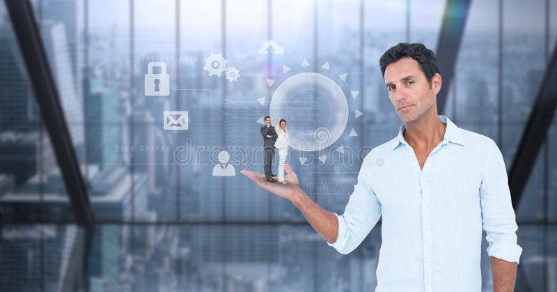 Imagem composta de Digitas do homem de negócios que guarda colegas na palma ilustração do vetor Imagem composta de Digitas do homem de negócios que guarda colegas na palma ilustração do vetor