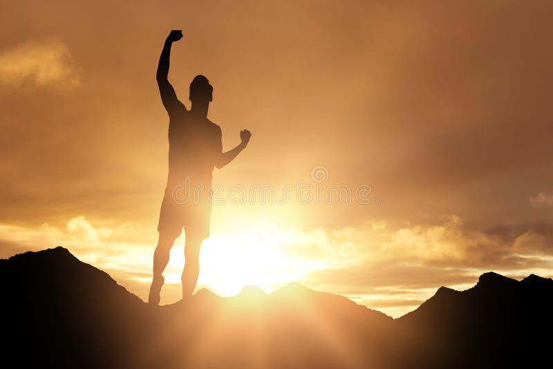 Imagem composta do atleta masculino que levanta após a vitória