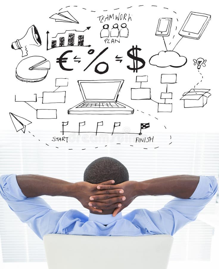 Imagem composta do homem de negócios relaxado que senta-se em sua cadeira imagem de stock Imagem composta do homem de negócios relaxado que senta-se em sua cadeira imagem de stock