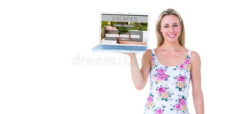 Imagem composta do louro de sorriso que guarda o portátil e o levantamento ilustração royalty free Imagem composta do louro de sorriso que guarda o portátil e o levantamento ilustração royalty free