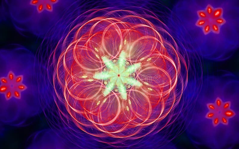 A imagem de fundo de uma flor abstrata com as pétalas espirais vermelhas em um fundo de flores lilás com protagoniza no centro co ilustração do vetor A imagem de fundo de uma flor abstrata com as pétalas espirais vermelhas em um fundo de flores lilás com protagoniza no centro co ilustração do vetor