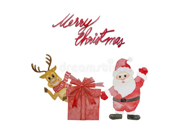 Imagem de pintura de mão aquosa de Papai Noel usando roupas vermelhas, veado sorridente castanho e letras de natal Feliz ilustração royalty free Imagem de pintura de mão aquosa de Papai Noel usando roupas vermelhas, veado sorridente castanho e letras de natal Feliz ilustração royalty free