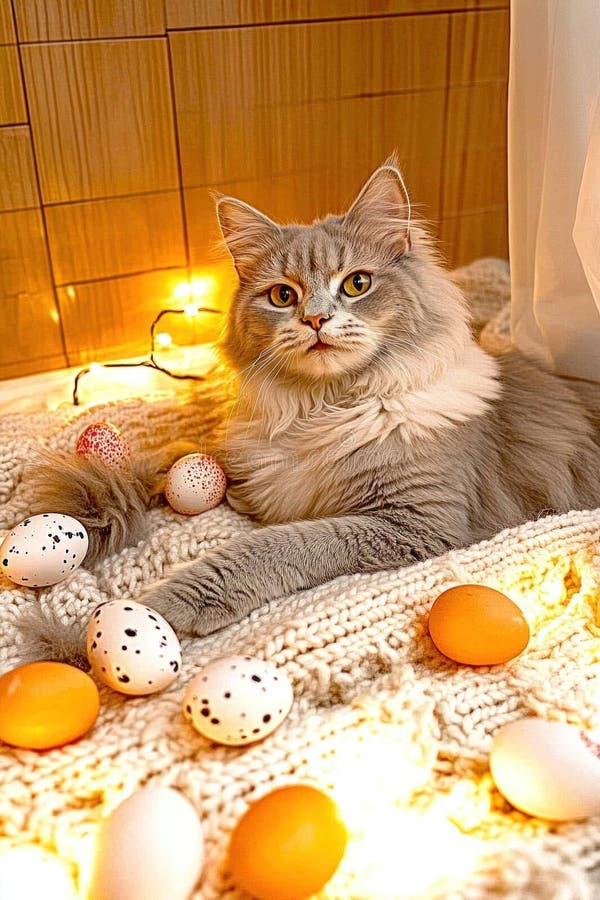 Imagem de Páscoa emocionante. Bonito deitado e olhando para o gato-câmera cercado de ovos de Páscoa imagem de stock
