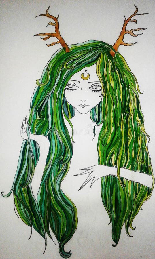 Imagem de uma menina com cabelo e os chifres verdes de um cervo em sua cabeça, com uma lua em sua testa ilustração royalty free Imagem de uma menina com cabelo e os chifres verdes de um cervo em sua cabeça, com uma lua em sua testa ilustração royalty free