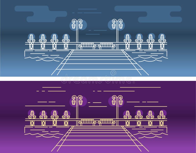 Imagem linear do vetor do cais na água, com os elementos de iluminação ilustração royalty free Imagem linear do vetor do cais na água, com os elementos de iluminação ilustração royalty free