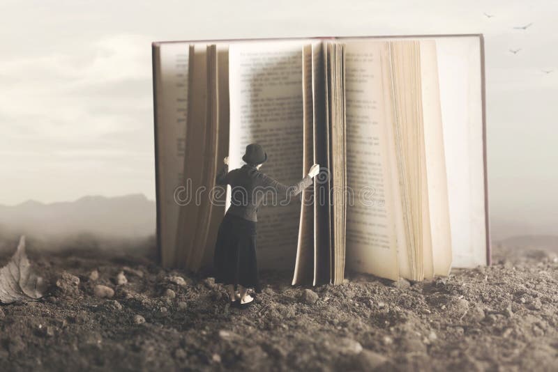 Imagem surreal de uma mulher curiosa que folheia através de um livro gigante