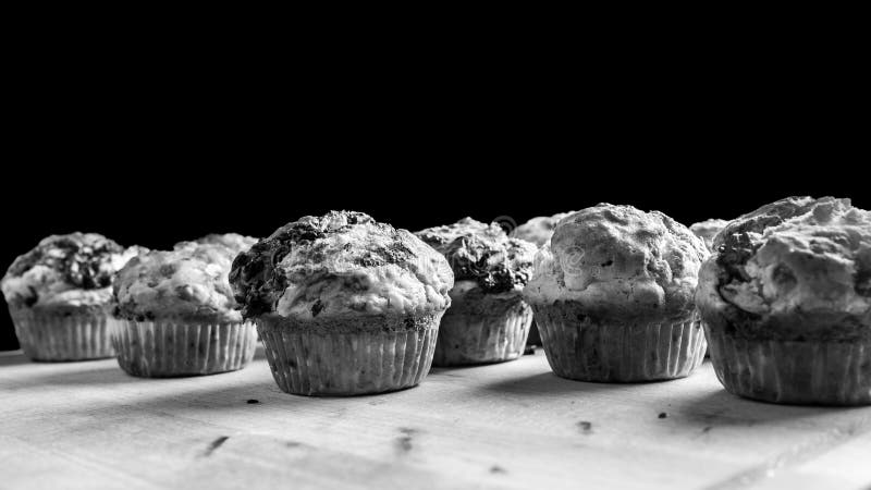 Black and white image of a batch of freshly baked muffins or cupcakes against a dark background with copyspace. Black and white image of a batch of freshly baked muffins or cupcakes against a dark background with copyspace.