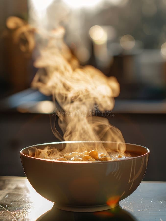 Imagen cautivadora de vapor elegantemente surgiendo de un tazón caliente de sopa con un fondo borroso creando una atmósfera cálida. generado por ai