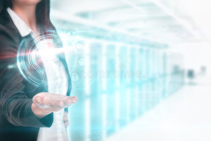 Imagen compuesta de la empresaria bonita que presenta con la mano imágenes de archivo libres de regalías Imagen compuesta de la empresaria bonita que presenta con la mano imágenes de archivo libres de regalías