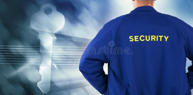 Imagen compuesta de la vista posterior del agente de seguridad en uniforme imagenes de archivo Imagen compuesta de la vista posterior del agente de seguridad en uniforme imagenes de archivo