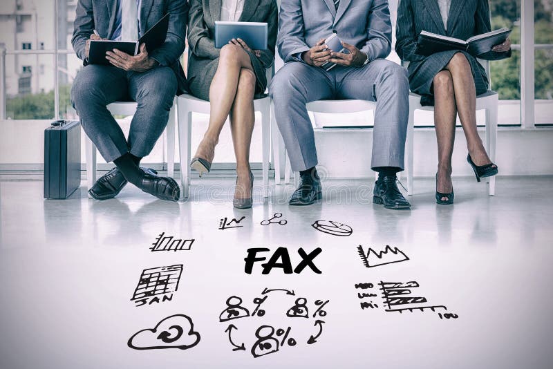 Business people waiting to be called into interview against fax text surrounded by various web icons. Business people waiting to be called into interview against fax text surrounded by various web icons