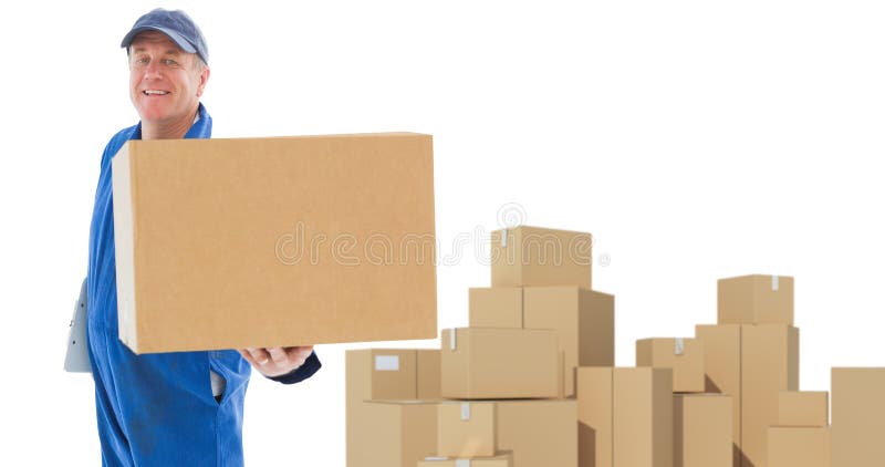 Happy delivery man showing cardboard box against cardboard boxes over white background. Happy delivery man showing cardboard box against cardboard boxes over white background