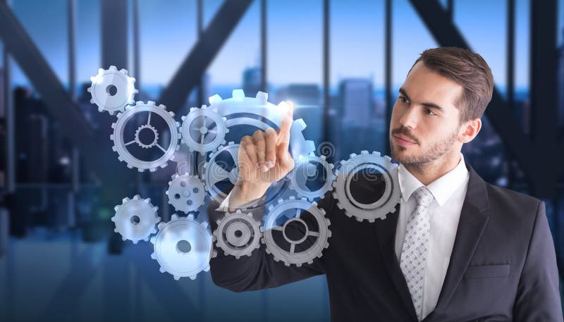 Imagen compuesta del hombre de negocios pensativo que señala algo con su finger fotos de archivo Imagen compuesta del hombre de negocios pensativo que señala algo con su finger fotos de archivo