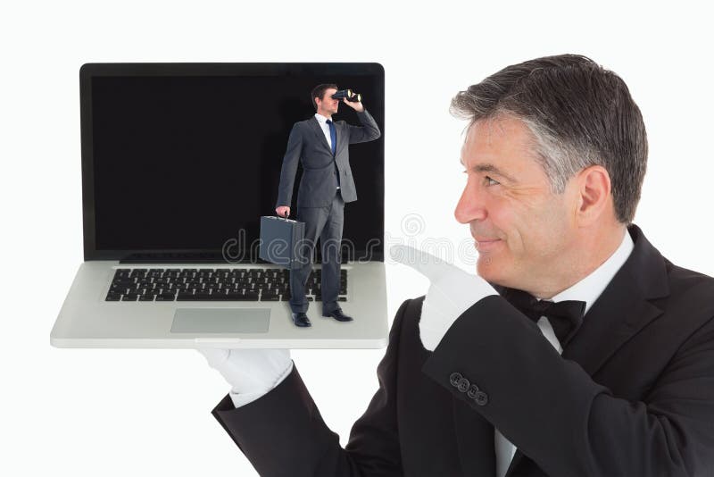 Imagen compuesta del hombre de negocios que mira a través de los prismáticos fotografía de archivo Imagen compuesta del hombre de negocios que mira a través de los prismáticos fotografía de archivo