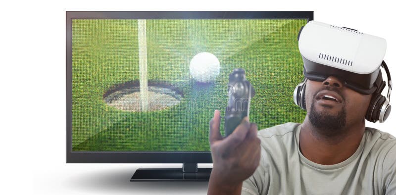 Imagen compuesta del hombre que usa las auriculares de la realidad virtual y jugando al videojuego foto de archivo libre de regalías Imagen compuesta del hombre que usa las auriculares de la realidad virtual y jugando al videojuego foto de archivo libre de regalías