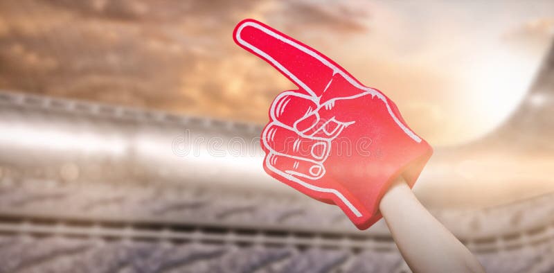 Imagen compuesta del jugador de fútbol americano que celebra la mano 3d de la espuma del partidario ilustración del vector Imagen compuesta del jugador de fútbol americano que celebra la mano 3d de la espuma del partidario ilustración del vector