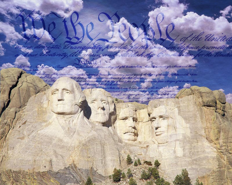 Composite image of Mount Rushmore, U.S. Constitution, and blue sky with white clouds. Composite image of Mount Rushmore, U.S. Constitution, and blue sky with white clouds