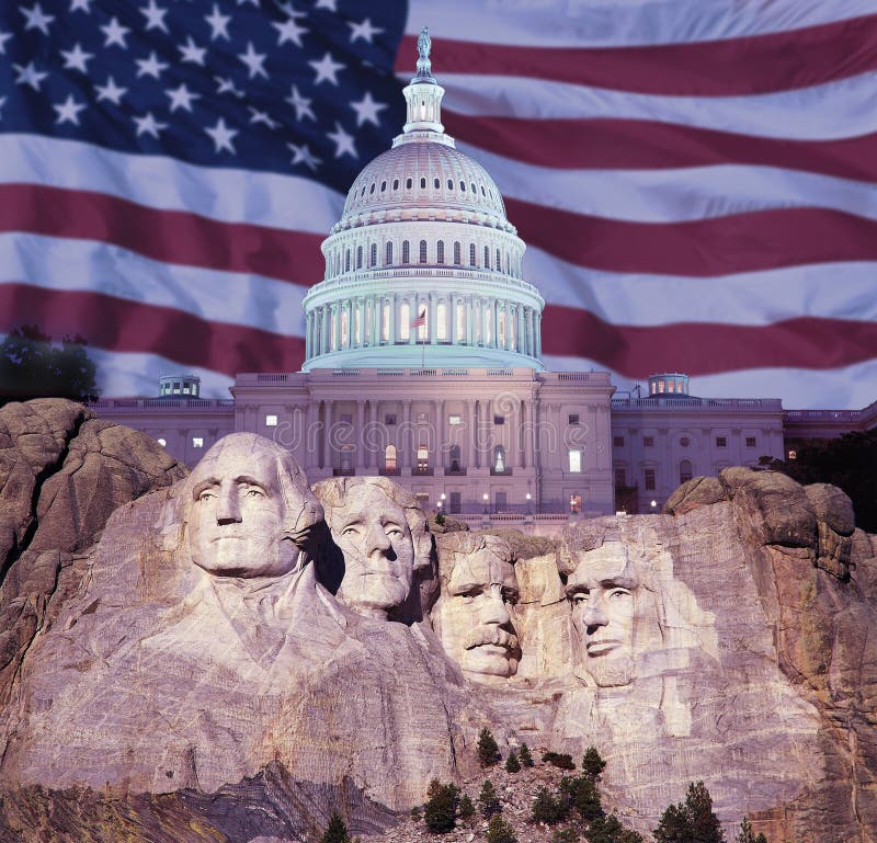 Composite image of Mount Rushmore, U.S. Capitol building, and American flag. Composite image of Mount Rushmore, U.S. Capitol building, and American flag